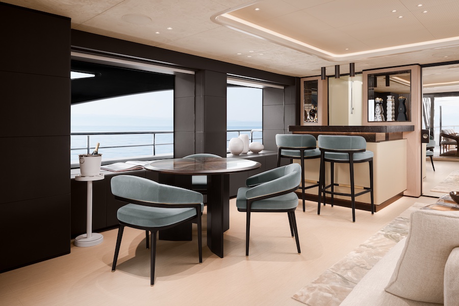 Benetti Asani superyacht seating area lounge bar blue velvet chairs