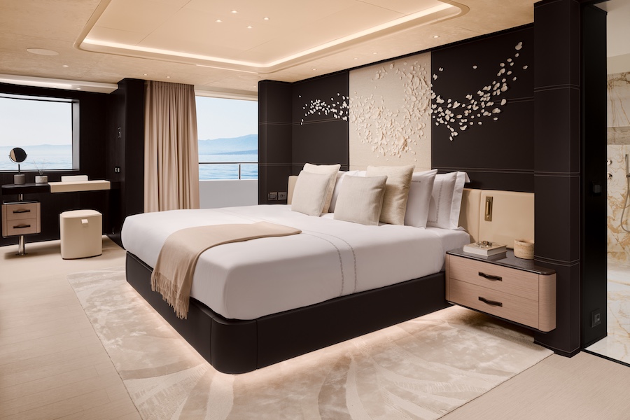 Benetti Asani superyacht bedroom bed wall art