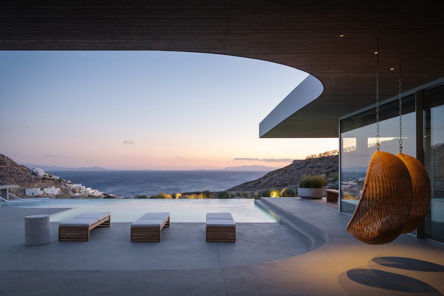 Aimasia Villa mykonos greece open terrace seating sunbeds infinity pool