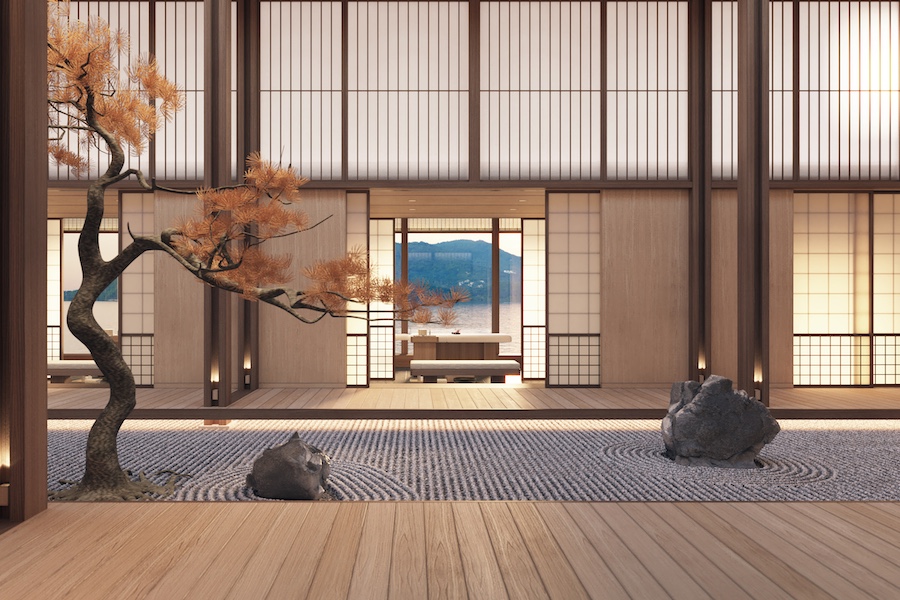 Amangati, Aman at Sea luxury yacht interior japanese maple tree zen garden paper screens wood millwork