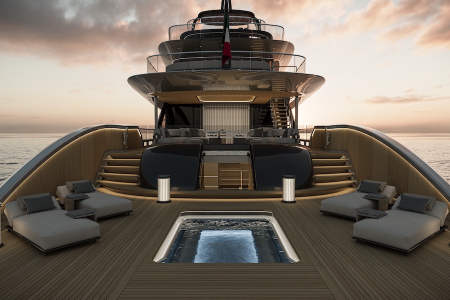 Baglietto shipyard Meyer Davis Vesta56 Superyacht concept outdoor deck plunge pool loungers underlighting stairs