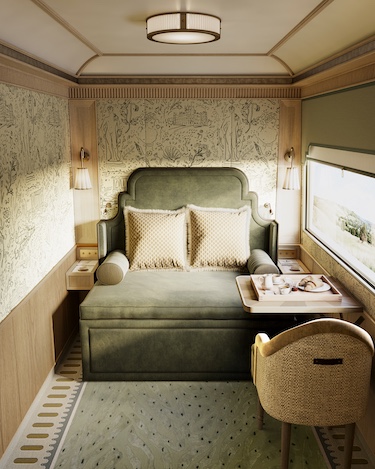 Britannic Explorer a Belmond Train UK luxury rail england wales interior car room sleeper car sage green sofa futon floral wallpaper