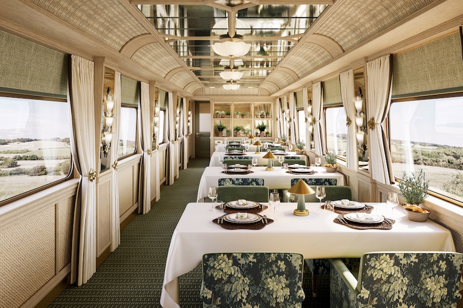 Britannic Explorer a Belmond Train UK luxury rail england wales interior car restaurant dining green floral upholstered chairs