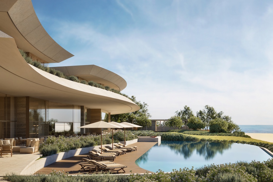 Bvlgari Resort & Mansions Abu Dhabi estate curved building pool sun loungers ocean