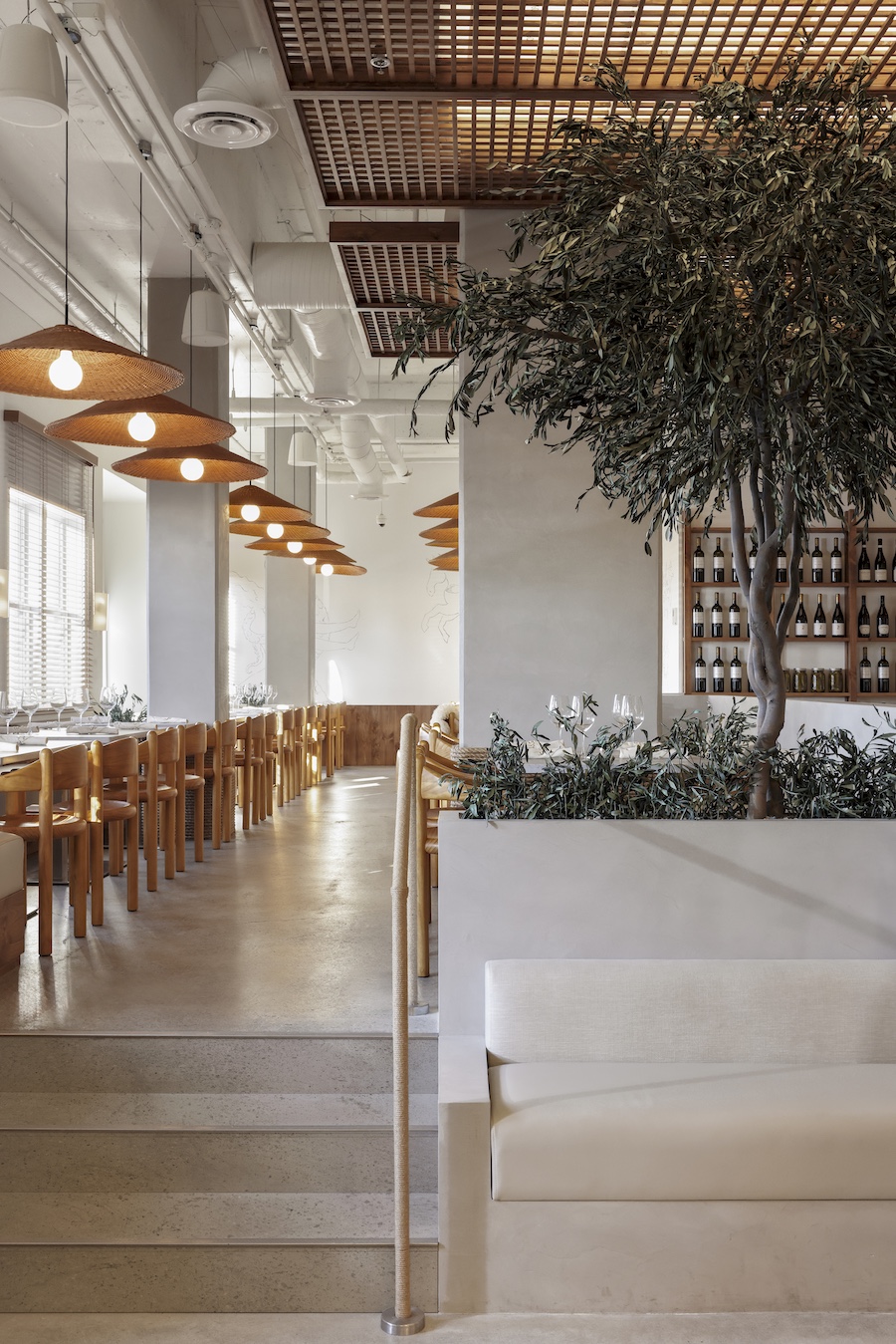 selene restaurant vancouver minimalist greek mythology mediterranean gray plaster polished concrete floors indoor tree
