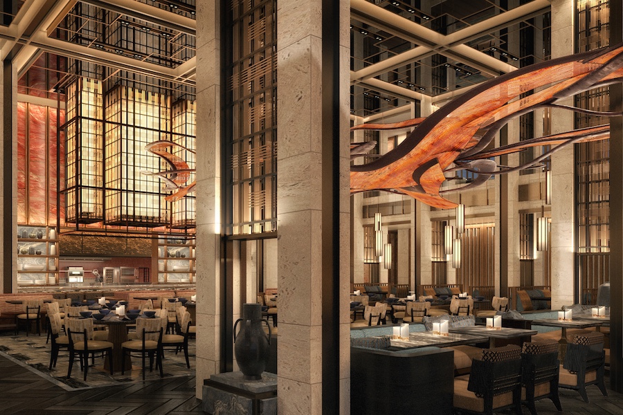 nobu egypt restaurant double height red ceiling installation