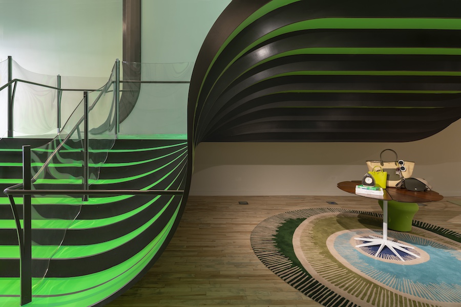 longchamp soho luxury retail store green staircase cascading