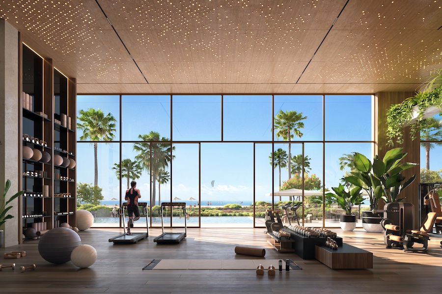 Fahid Island abu dhabi luxury residential sustainable development gym workout fitness center treadmill floor to ceiling windows