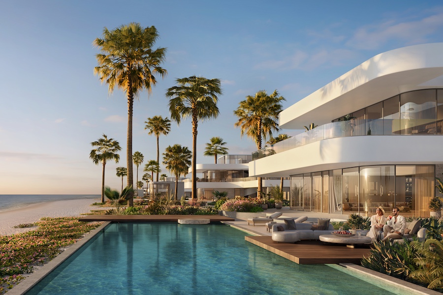 Fahid Island abu dhabi luxury residential sustainable development palm trees pool white exterior ocean