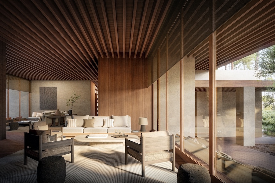 JNcQUOI Club Comporta portugal Alentejo coastline concrete buildings natural materials living room floor to ceiling window slatted fluted millwork ceiling