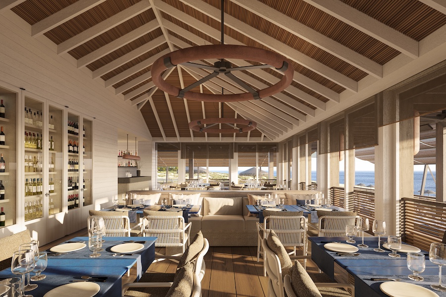 JNcQUOI Club Comporta portugal Alentejo coastline concrete buildings natural materials exposed beams wood slatted ceiling restaurant blue tables