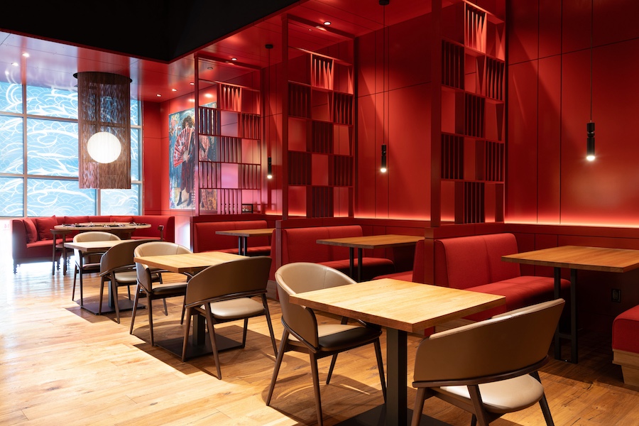 juu kuu pan asian restaurant edmonton canada red walls room dividers banquettes