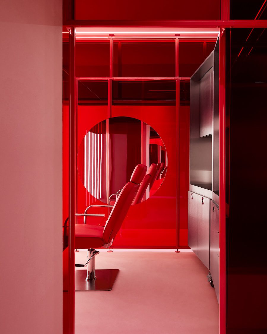 poutx injectables botox skincare skin clinic med spa red pink acrylic treatment rooms stainless steel cabinet chair