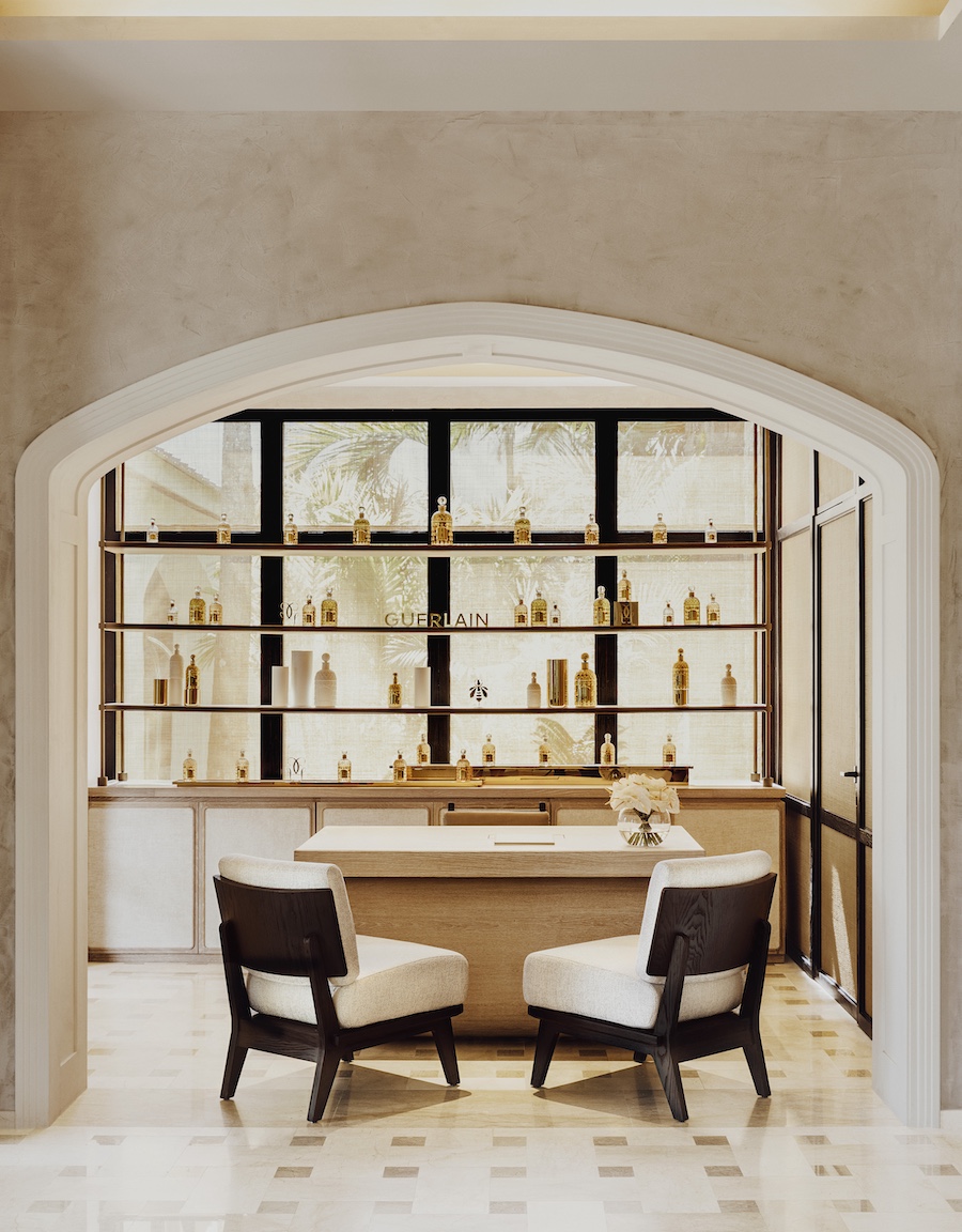 One&Only Le Saint Géran Guerlain Spa Mauritius island luxury muted tones natural materials arched doorway reception desk
