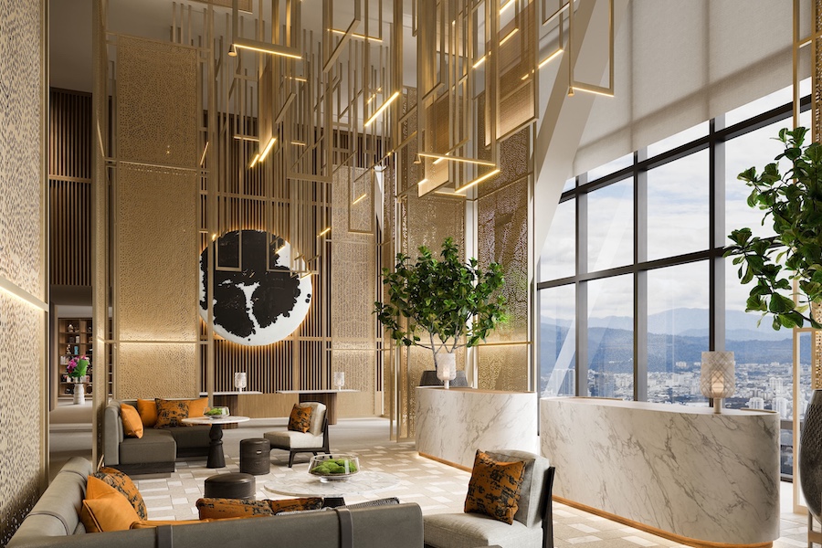 Park Hyatt Kuala Lumpur reception lobby gold ceiling sculptural art