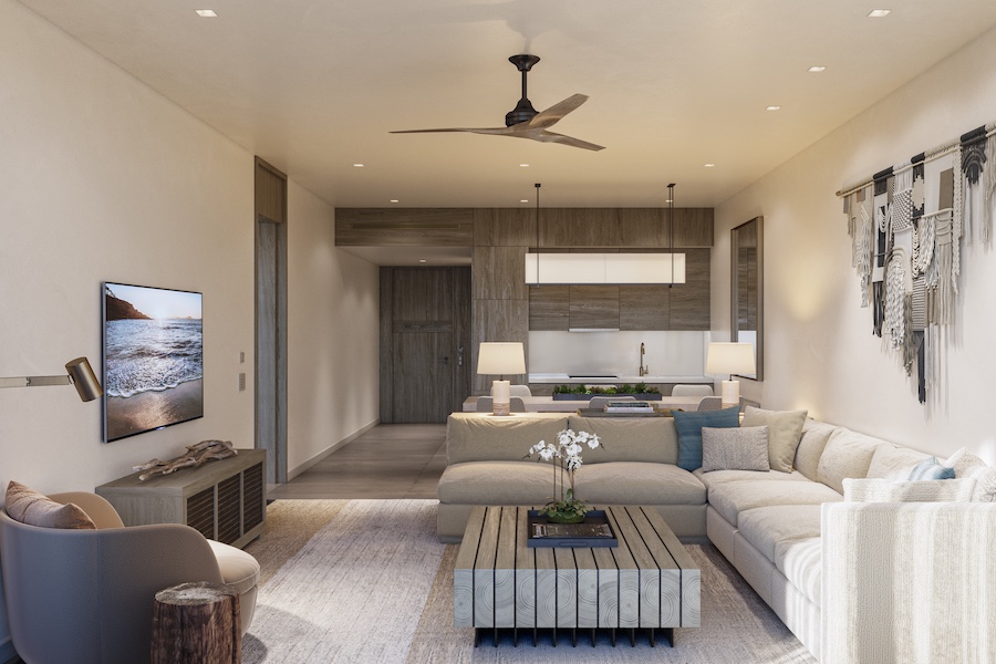 Grand Hyatt Grand Cayman Suite Parlor neutral toned white sofa square coffee table ceiling fan