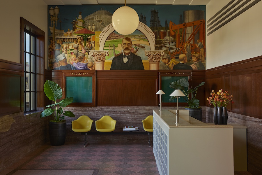 the lighthouse creative collaborative coworking space venice beach post office workspace private office meeting rooms theater studios industrial design wall mural yellow chairs