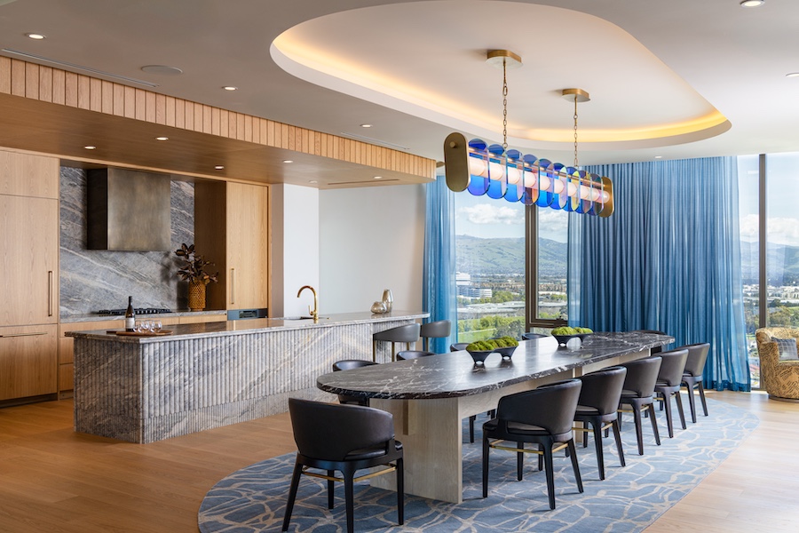 The Clara residences silicon valley california kitchen dining room sheer blue curtains black marble table