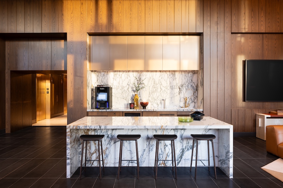 The Clara residences silicon valley california parkside lounge white marble bar island