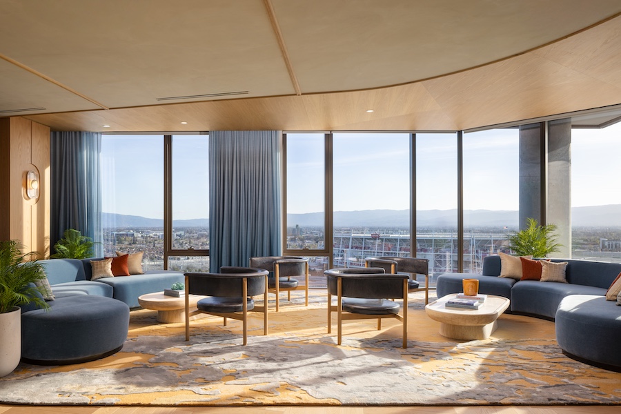 The Clara residences silicon valley california twenty two club private members blue couches seating