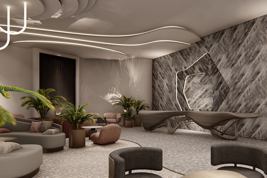 Thompson Miami Beach lobby seating black white wall sculptural ceiling