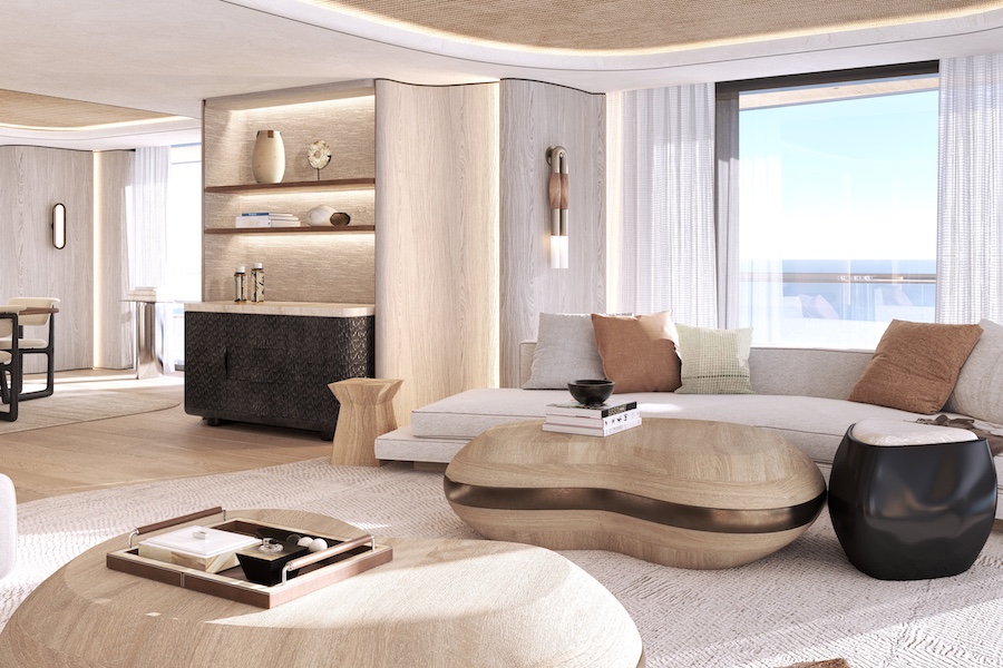 Baglietto shipyard Meyer Davis Vesta56 Superyacht concept main deck salon lounge seating area sofa couch