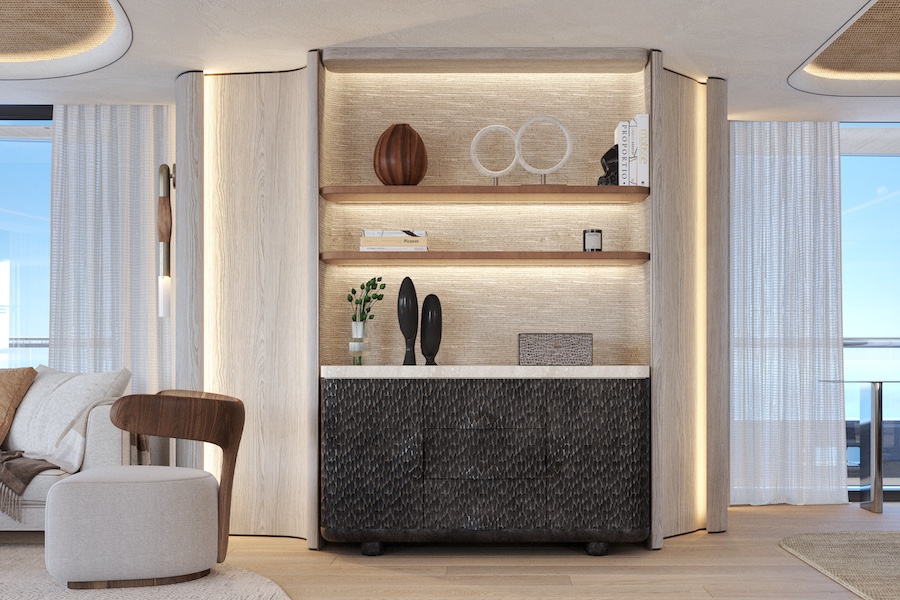 Baglietto shipyard Meyer Davis Vesta56 Superyacht concept main deck salon millwork shelving