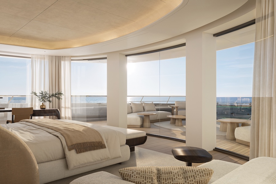 Baglietto shipyard Meyer Davis Vesta56 Superyacht concept owners bedroom bed curved windows