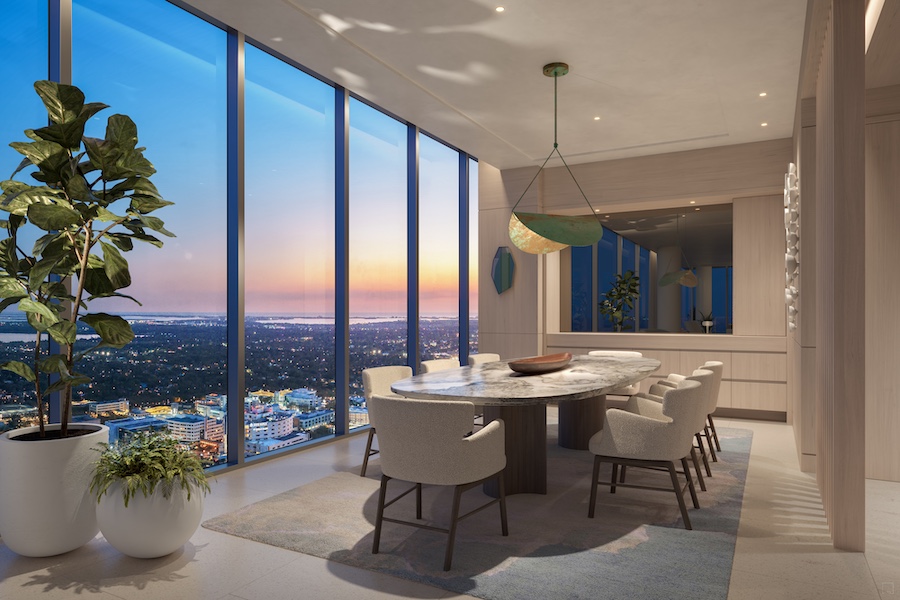 Waldorf Astoria Residences St. Petersburg florida condo apartment floor to ceiling windows dining room marble table indoor plant