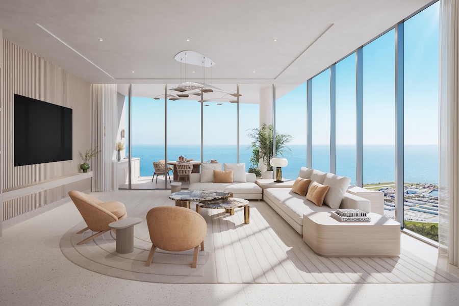 Waldorf Astoria Residences St. Petersburg florida condo apartment floor to ceiling windows living room white sofa