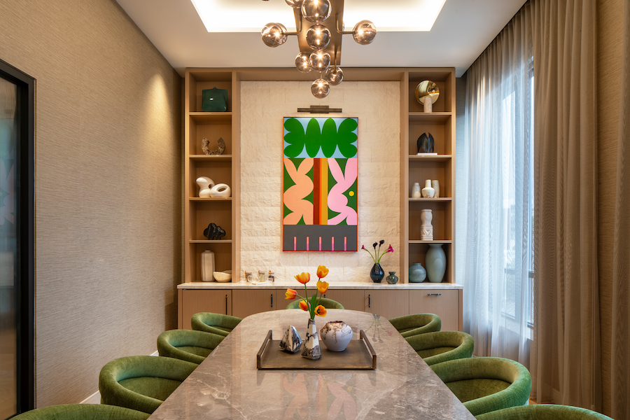 Ellore Santa Clara silicon valley california senior living residences boardroom private dining wall art green chairs