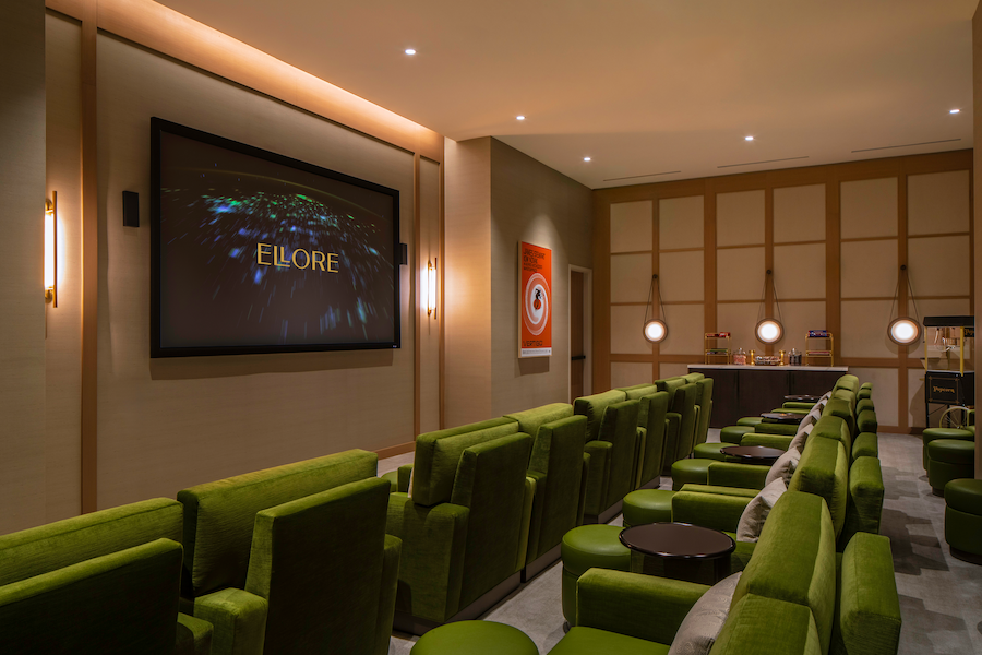 Ellore Santa Clara silicon valley california senior living residences cinema lounge green chairs screen movie