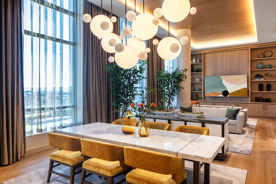 Ellore Santa Clara silicon valley california senior living residences globe pendant lighting indoor plants mustard yellow chairs